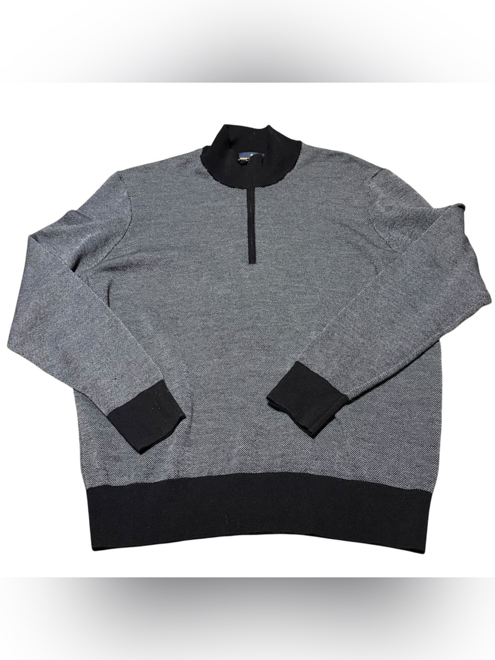 Brooks Brothers Sweater Mens XL Gray Black Extra Fine Merino Wool 1/4 Zip